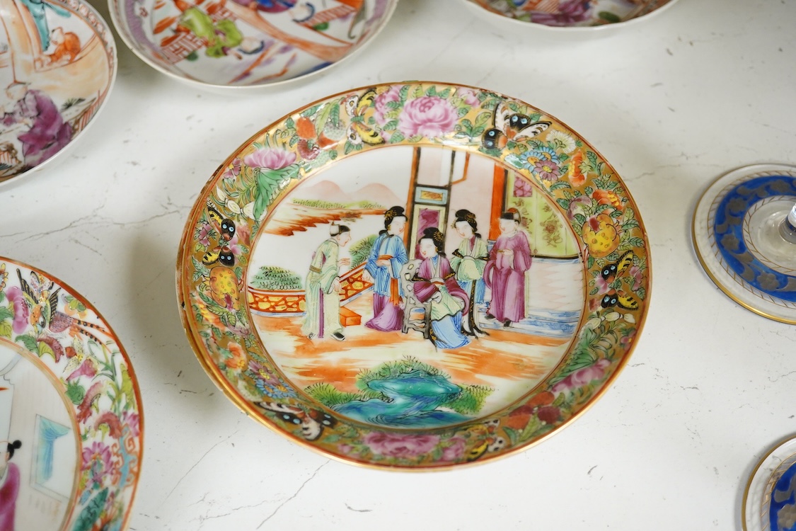 A collection of Chinese Canton figural plates, 19th century, together with an 18th century export famille rose saucer, largest 16cm (7)